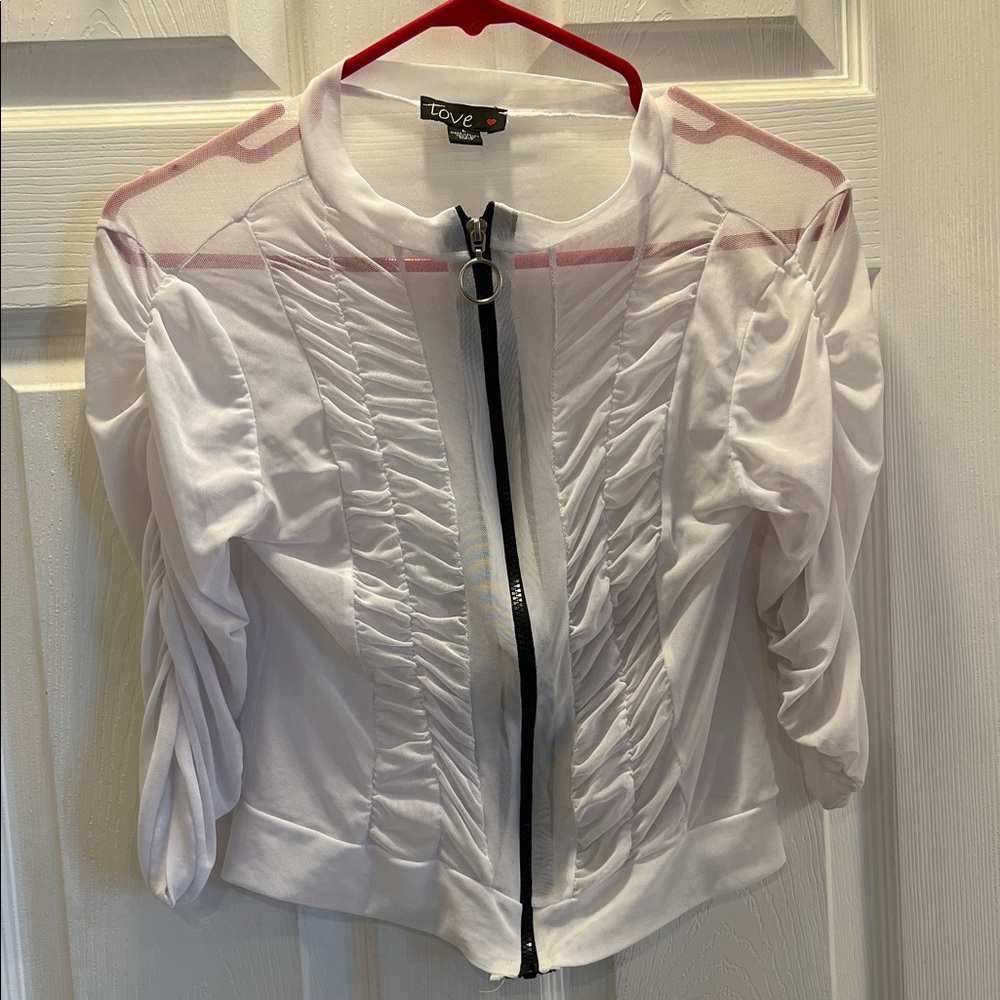 TOVE White Ruched Zip-Front Sheer Jacket with Ring Pull
